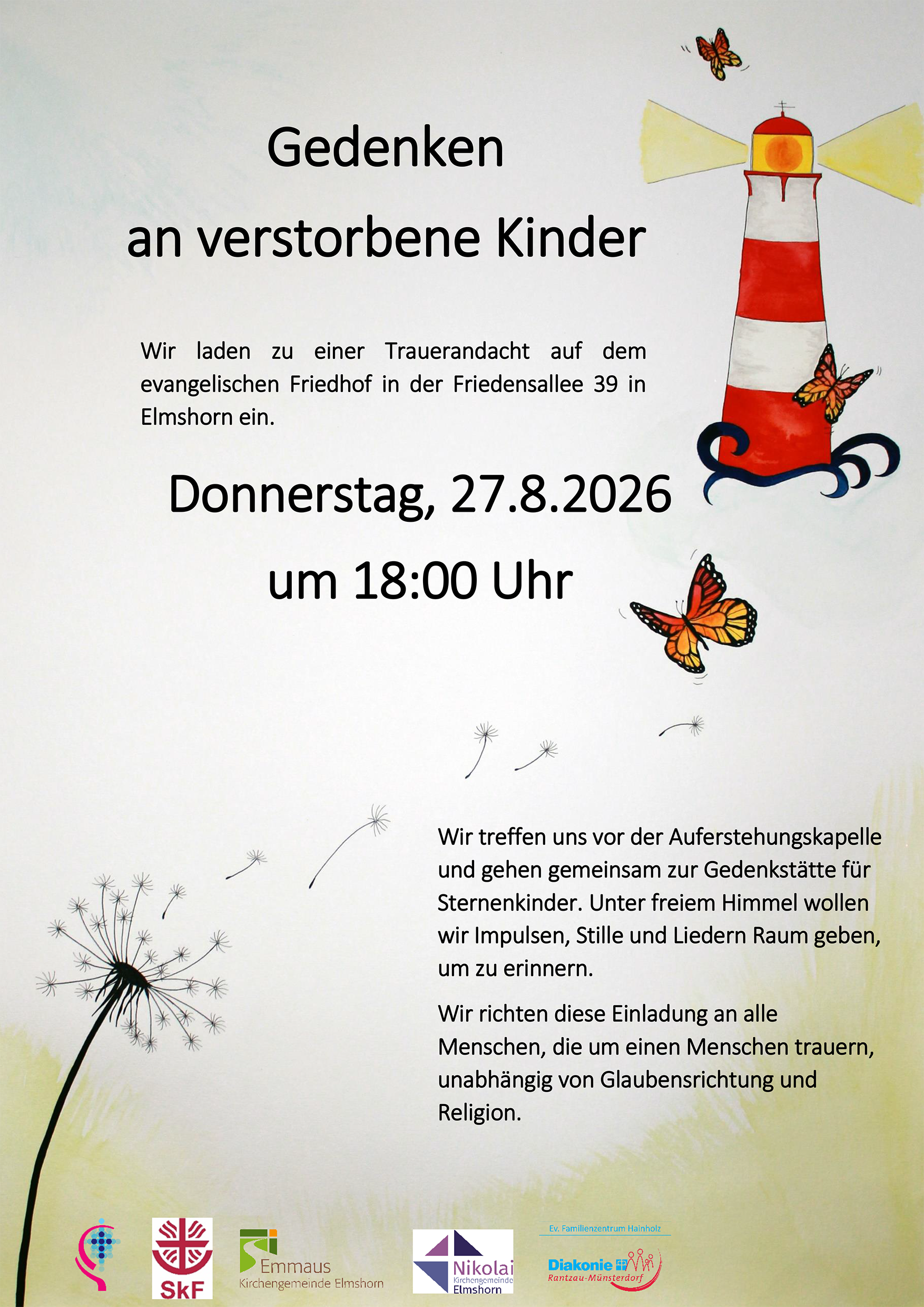 Einladungsflyer zur Sternenkinder-Andacht 2026 am 27.08.2026 um 18 Uhr auf dem evangelischen Friedhof Elmshorn